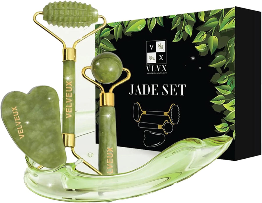 Velveux® 4-in-1 Jade Roller & Gua Sha Set für Frauen | Gua Sha Jade Gesichtsmassage Stein | Jaderoller für Hautstraffung | Gesichtsroller & Gesichtsstein für Gesichtsyoga - Ibonto.de