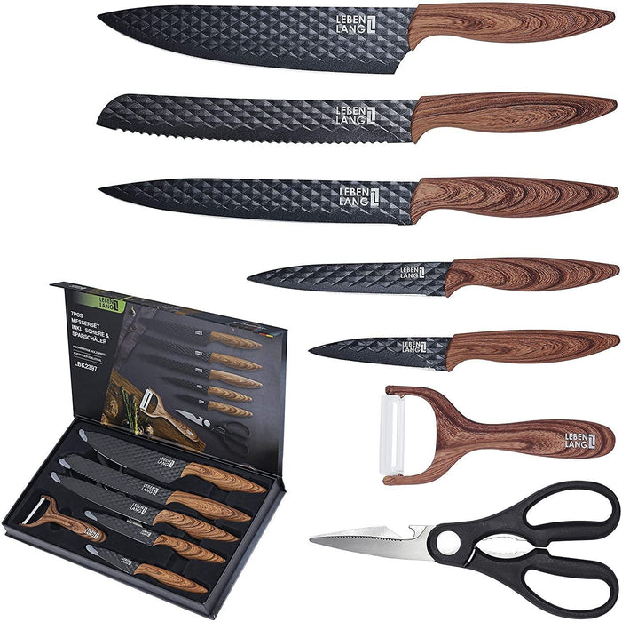 LEBENLANG Küchen Zubehör Messerset 7 teilig mit Schäler & Küchenschere - scharfes Küchenmesser Set - scharfe Messer Set Schere Küche Wohnungs Zubehör – Koch Küchenzubehör schwarz Schneidemesser scharf - Ibonto.de