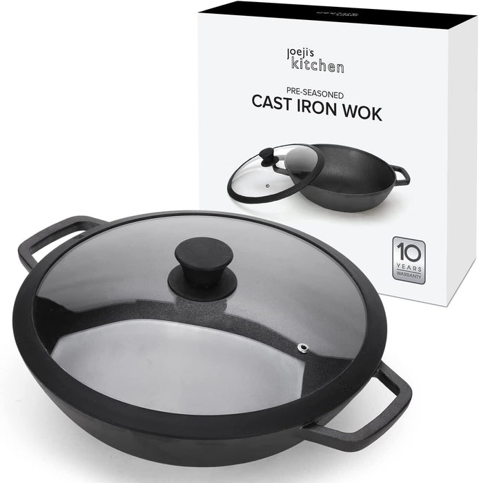 Gusseisen Wok Pfanne mit Deckel 31 cm - Doppelgriff und Silikonhandschuhen - Ibonto.de