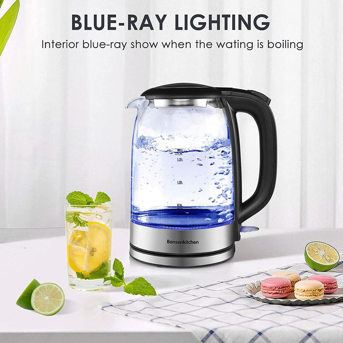 Wasserkocher aus Glas, 1,7 L 2200 W mit blauer LED-Beleuchtung, automatischer Abschaltung und Überhitzungsschutz, Innendeckel und Boden  Edelstahl (BPA-frei), 1,7 l, 2200 W