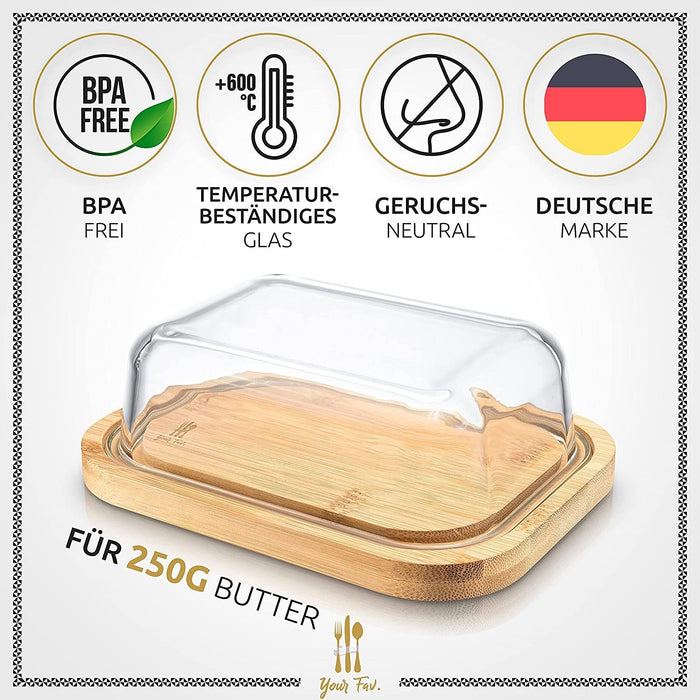 Your Fav . Premium Butterdose aus Glas Deckel mit nachhaltigem Bambus für 250g Butter - Hochwertiger Butterbehälter - Glas mit Decke - Butter Dish aus Borosilikatglas mit Bambus Holz Deckel