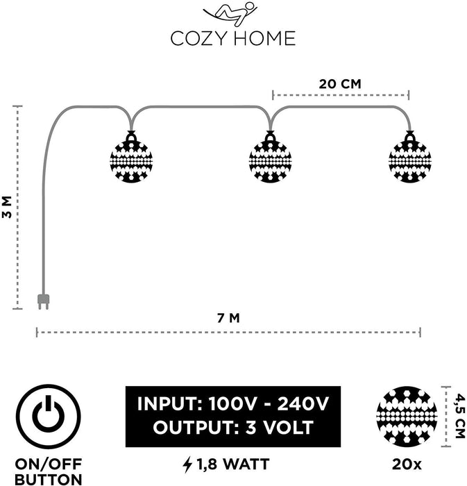 CozyHome marokkanische LED Lichterkette – 7 Meter | Mit Netzstecker NICHT batterie-betrieben | 20 LEDs warm-weiß | Kugeln Orientalisch | Deko Silber – kein lästiges austauschen der Batterien