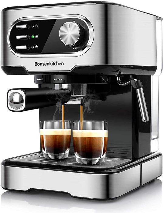 Bonsenkitchen Espressomaschine Bonsenkitchen Espressomaschine 15 Bar für Cappuccino, Latte Macchiato, Espresso, mit abnehmbarem Wassertank, Milchdampfdüse, 2-Tassen-Funktion, Edelstahl, 850 W