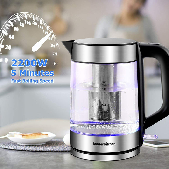 1,7-l-Wasserkocher aus Glas (BPA-frei), elektrische Teekanne 2200 W mit Edelstahlfilter mit LED-Anzeigeleuchten, 360°-Sockel, automatischer Abschaltsicherung und Edelstahldeckel