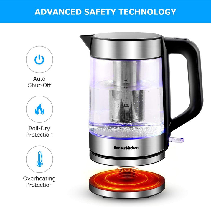 1,7-l-Wasserkocher aus Glas (BPA-frei), elektrische Teekanne 2200 W mit Edelstahlfilter mit LED-Anzeigeleuchten, 360°-Sockel, automatischer Abschaltsicherung und Edelstahldeckel