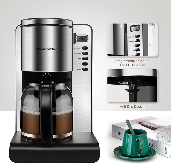 Bonsenkitchen Filterkaffeemaschine Bonsenkitchen Kaffeemaschine, 900 W Filterkaffeemaschine, 1,5 l programmierbarer digitaler Timer, Permanentfilter, Glaskaraffe für 10 Tassen, Aromawähler, Anti-Tropf-System