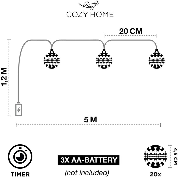 CozyHome marokkanische LED Lichterkette Batterie | 5 Meter Gesamtlänge mit Timer | 20 LEDs warmweiß | Kugeln Orientalisch Silber Lichterkette innen | Zimmer Deko Kugel Lichterketten batteriebetrieben