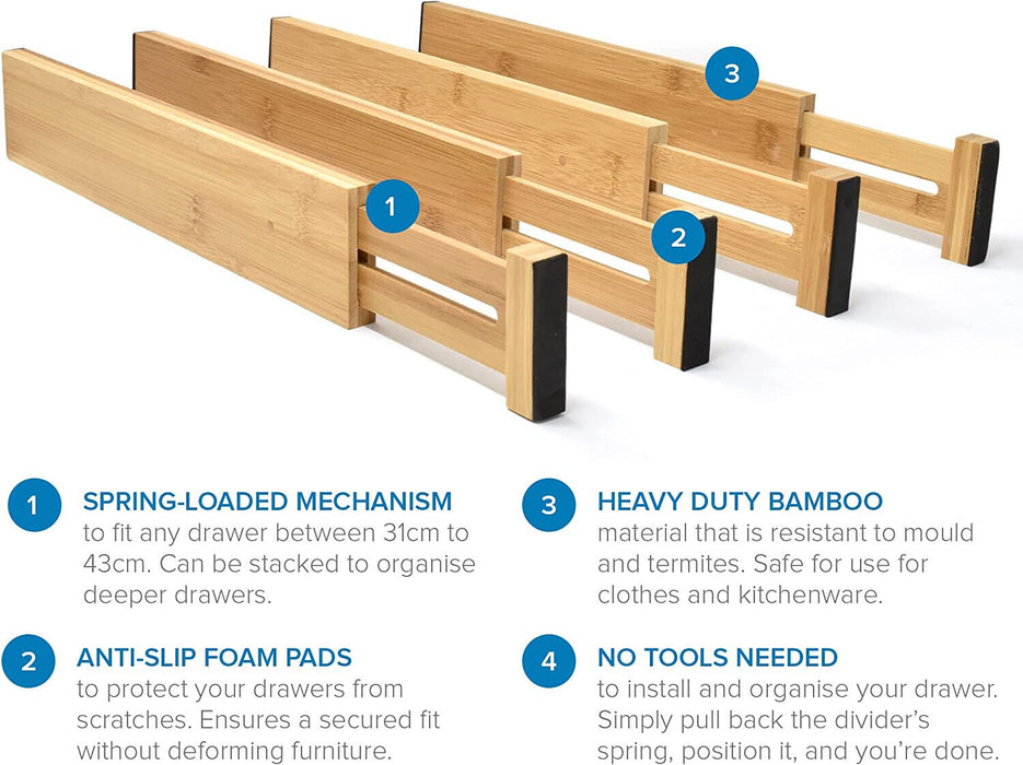 4er-Set Bambus Holz Schubladenteiler - Federbelasteter 33cm bis 43cm Erweiterbar