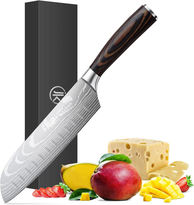 Santoku Messer Damast aus Edelstahl mit ergonomischem Pakkawood-Griff Hacken