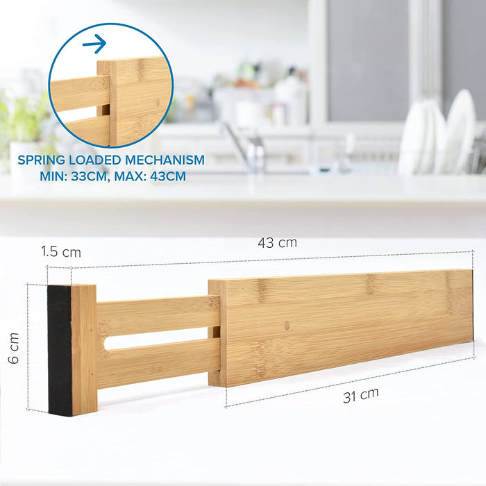 4er-Set Bambus Holz Schubladenteiler - Federbelasteter 33cm bis 43cm Erweiterbar